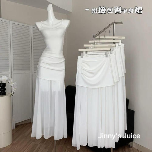 現貨 超好看透視網紗拼接長裙 拼接長裙 仙女長裙 飄逸長裙 白色長裙 透膚長裙 露腿長裙 蕾絲長裙 透視長裙 網紗短裙