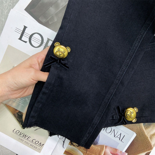 歐洲站秋季高腰深色牛仔褲腳開叉金屬小熊設計顯瘦煙管煙筒褲