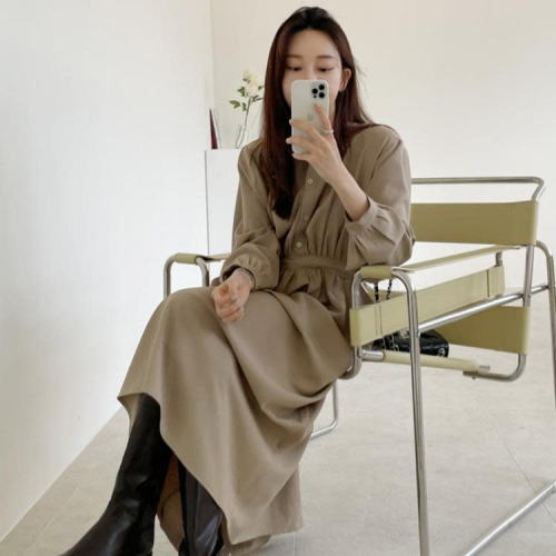 DearGod正韓女裝韓國chic秋季女裝氣質圓領單排扣收腰顯瘦復古長袖襯衫連身裙女