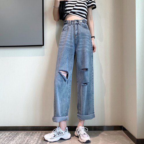 2022年新款破洞牛仔褲女春夏大碼直筒寬松高腰百搭顯瘦闊腿褲子潮