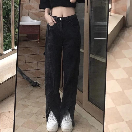大碼胖妹妹mm開叉牛仔褲女高腰2022春夏新款直筒寬松拖地垂感長褲