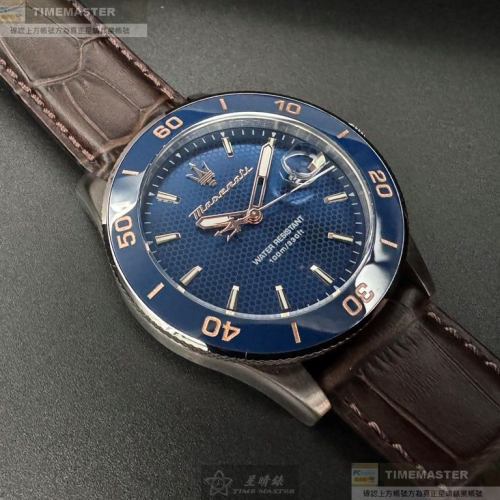 MASERATI:手錶,型號:R8851100004,男錶44mm寶藍錶殼寶藍蜂巢幾何錶面真皮皮革錶帶款