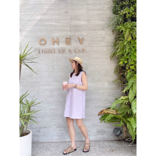 後綁帶亞麻背心洋裝