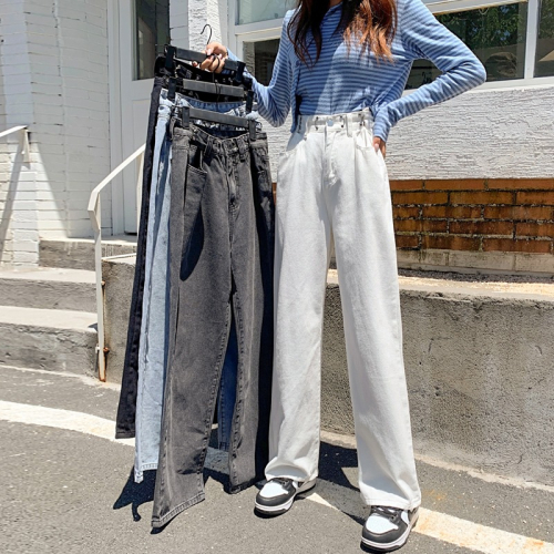 2022年春季新款牛仔褲女高腰顯瘦設計感直筒寬松大碼胖mm闊腿褲子